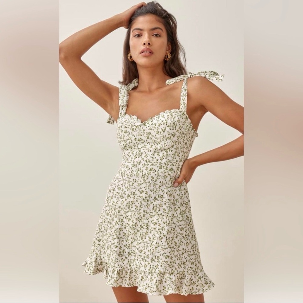 Reformation Desiree Linen Mini Dress in Ivy